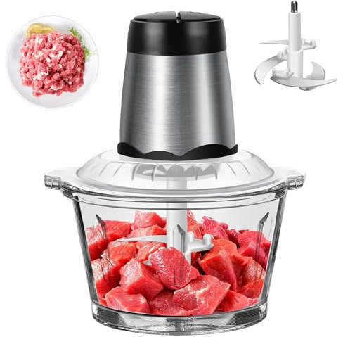 Mini hachoir à viande électrique 300W robot culinaire avec bol en verre 2L, broyeur puissant 2 vitesses réglables et 4 lames tranchantes hachoir à légumes pour la viande/noix/légumes/fruits/aliments