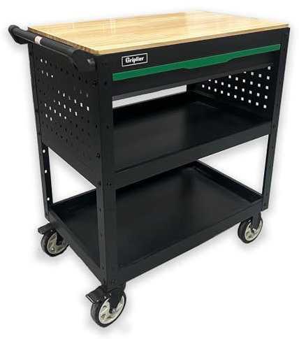 Griplier 3-Tier Rolling Werkzeugwagen mit Schublade, Holzarbeitsplatte，150KG Tragfähigkeit,82 x 48 x 90cm für Lager Garage Garten Werkstatt