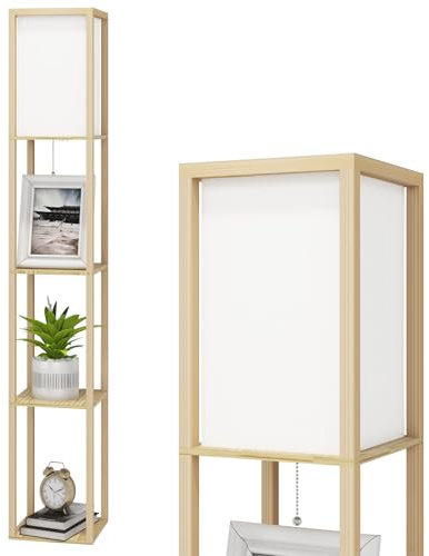 Fullwatt Stehlampe mit Holzregal Innenbeleuchtung Holz Stehleuchte mit Regalen für Schlafzimmer und Wohnzimmer (Eiche)