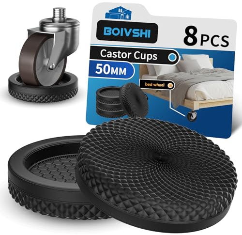 BOIVSHI Lot de 8 butées de roulettes de meubles de 50 mm, butées de roue de lit pour sols en bois, dessous de meubles, tasses de protection de tapis, protections de sol pour pieds de canapé