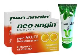 neo-angin® Benzydamin Lutschtabletten gegen akute Halsschmerzen, Zitronengeschmack, 2x40 Stück inclusive einer Handcreme von vitenda – Zuckerfrei, schmerzlindernd und entzündungshemmend