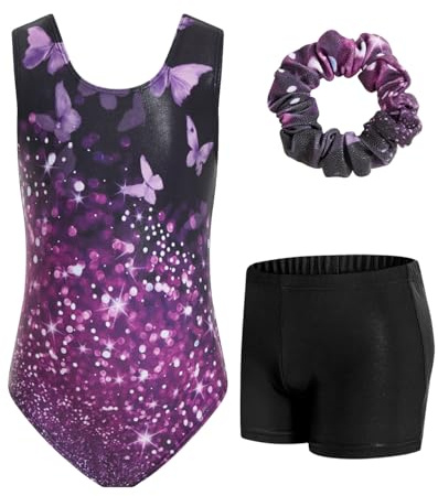 JiAmy Gymnastics Leotards for Girls with Shorts Set, 3Pcs Kids Gymnastics Athletic Outfit, Sleeveless Ballet Dancewear for Kids 3-12 Years