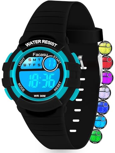 Facasu Reloj Digital Niños Niñas,Luz Colorida,Resistente al Agua hasta 50m Deportivo para Exteriores,con cronómetro,Alarma y Funciones de 12/24 h.Regalo para niños de 4 a 15 años (Negro-N)