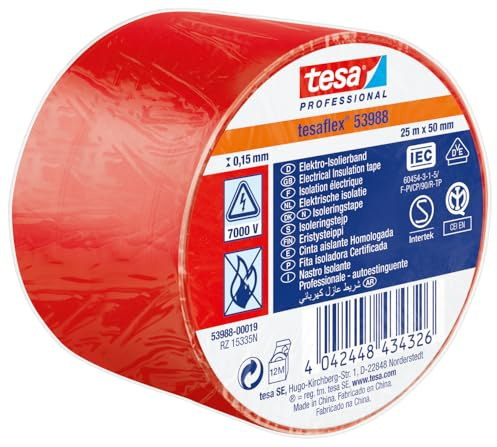 Tesa Tesa 53988 Weich-PVC Isolierband Rot, Stärke 150mm x 50mm x 25m bis +90°C
