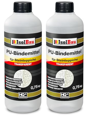 Isolbau - 1 K PU-Bindemittel für Steinteppich - 2 x 0,75 kg - Transparent - Hervorragende Haftung & Elastizität - Gebrauchsfertig - für Innen- und Außenbereich - Treppen, Balkonen, Garten, Wegen