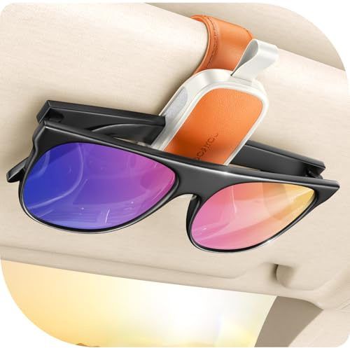 JOYROOM Brillenhalter für Auto Sonnenblende, 2026 Upgrade Magnetischer Sonnenbrillenhalter Auto, Universal Leder Brillenhalterung Auto Visier Zubehör mit Allen Brillen (Orange)