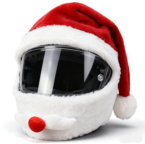 Rakuker Copricasco Babbo Natale, Copri Casco Moto Babbo Natale in Peluche, Cappello Babbo Natale per Casco Moto, Protezione Integrale, Cappelli per Casco Natalizio, Casco Non Incluso