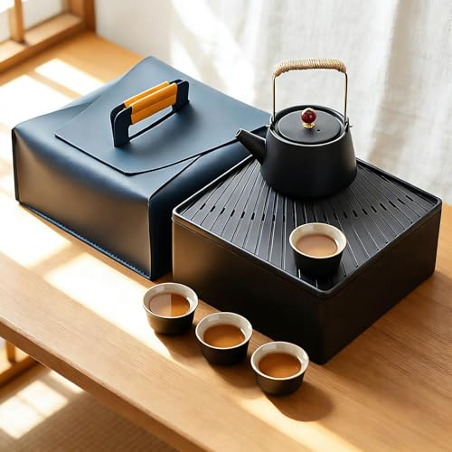 Chinese Tea Set, 7 Pcs Gongfu Teapot Set with 40ml Teacups for 4 | KungFu Tea Ceremony Kit, Teacups, Pitcher, Strainer, Canister, 3L Tea Tray, Storage Bag for Daily Use, Gift Travel Tea Lovers