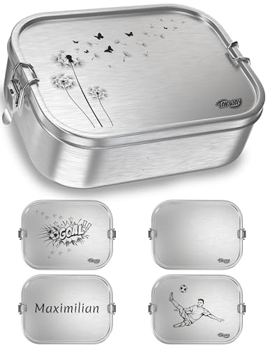 TAKWAY Edelstahl Brotdose mit Fächern 1200ml – Auslaufsichere Lunchbox mit Unterteilung für Kinder & Erwachsene (Pusteblume, 3-Fächer)