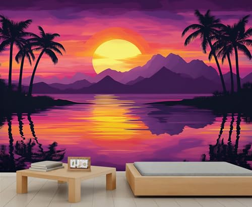 YEMYOR Sunset Mural Wallpaper Tropical Palm Trees Wallpaper for Living Room Bedroom Sunset Mountain Wall Mural for Restaurant Office-300x230cm