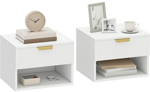 HOMCOM Juego de 2 Mesitas de Noche Flotantes Estrechas, Mesillas de Noche Dormitorio con Cajón con Frente Acanalado y Estante Abierto, para Sala de Estar, 40x34x29 cm, Blanco