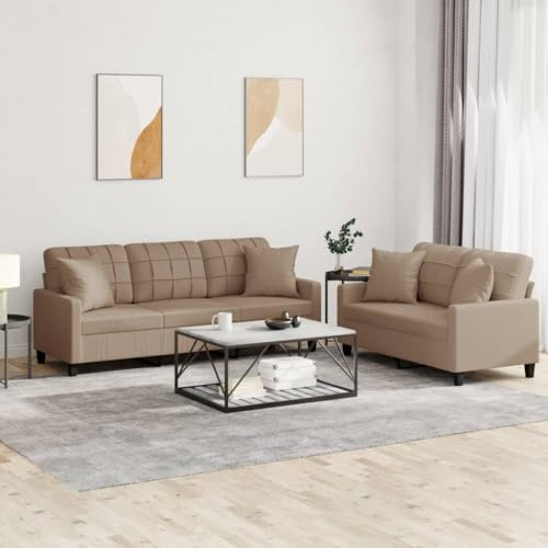 RMIHSJG Ensemble de 2 canapés avec coussins, marron cappuccino, en cuir synthétique, durable, pour salon, ensemble de sièges robustes avec rembourrage confortable, coussins de canapé anti-taches