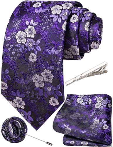 Ailisus Mens Purple Tie Silk Woven Floral Necktie and Pocket Square Lapel Pin Tie Clip Set for Men Wedding Party Festival