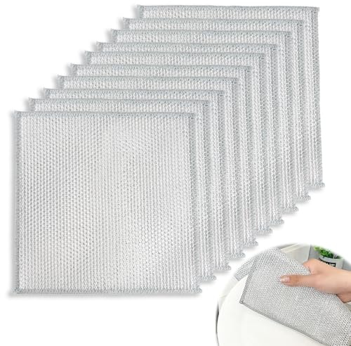 nilic 10 Pack Double Layer Stainless Steel Dish Cloths, Non-Scratch, Portable Rust-Proof Reusable Wire Cleaning Cloths, Steel Wool Scrubber for Kitchen Pots Pans Stovetop Sink (20x20cm)
