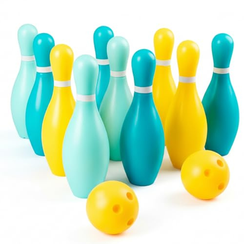 Ameble Kids Bowling Set with 10 Pins & 2 Balls, Plastic Indoor Outdoor Sports Toys with Easy-Knock Pin for Toddlers, Hand-Eye Coordination Games for Boys Girls Ages 2-5