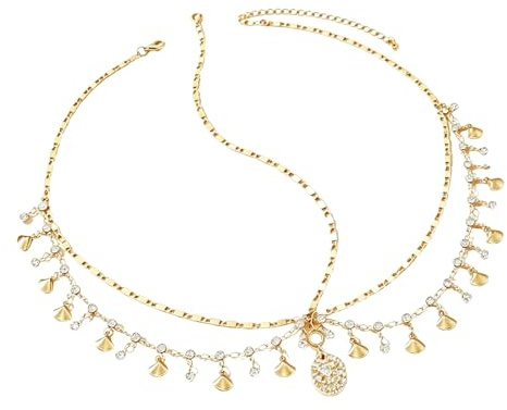 Boho Kopfschmuck Damen Gold, Verstellbare Mehrlagige Stirnkette mit Anhängern und Klaren Zierelementen, Dekorativer Haarschmuck für Festival Hochzeit Party Fotoshooting