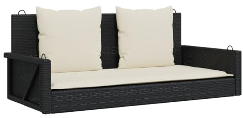 Qnhdfrt Schaukelbank mit Kissen für Garten und Terrasse, Hängesitz aus Polyrattan, Gartenbank inkl. Sitz- und Rückenkissen, Schwarz, 119 x 56 x 48 cm, Robuster Stahlrahmen