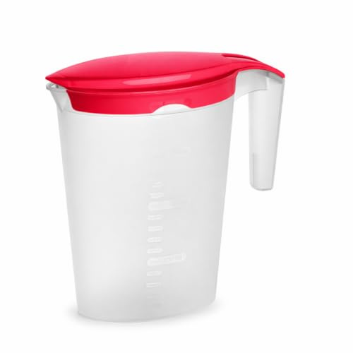 Caraffa in plastica con coperchio, 2 l, senza BPA, antigoccia, con indicatori di misurazione, per acqua e succhi (rosso)