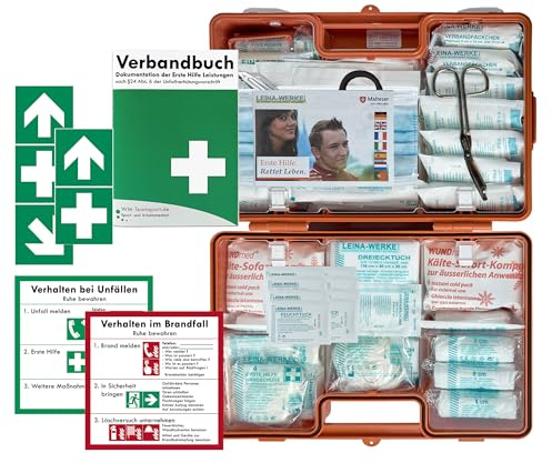 Erste-Hilfe-Koffer M6 PLUS nach aktueller DIN/EN 13169 -Paket 1- für Betriebe ab 50 Mitarbeiter inkl. Verbandbuch & FOLIENAUFKLEBER-PAKET