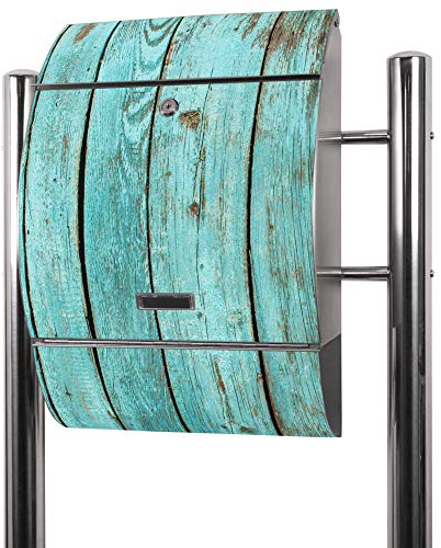 banjado® Standbriefkasten Edelstahl mit Zeitungsfach Motiv Blaues Holz/Briefkasten mit Standfuß/Edelstahl Briefkasten freistehend - A4 Einwurf inkl. 2 Schlüssel