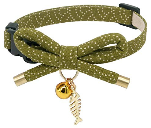 PetSoKoo Cute Bowtie Cat Collar with Bell. Japanese Stylish Bowknot & Fish Charm. Safety Breakaway, Soft, Lightweight, for Girl Boy Male Female Cats Kitten,Green
