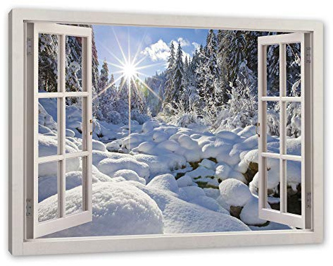 Pixxprint Sonnenstrahlen im Wald, Fenster, Größe: 120x80cm, Leinwandbild, fertig gespannt, Wandbild, Dekoration, Kunstdruck, kein Poster