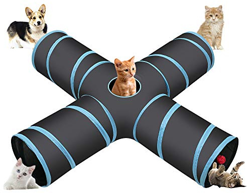 Cozy Vibe Katzenspielzeug Katzentunnel, Katze Spielzeug Hundenspielzeug Spieltunnel 4-Wege Pet Play Tunnel Tube für Katze, Welpe, Kitty, Kätzchen, Kaninchen(4-Wege, Blau)