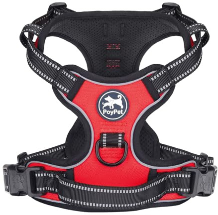 PoyPet Dog Harness Large, No Pull Vest with Front/Back Clip & Soft Handle | No Choke, Reflective, 2 Lead Rings, Adjustable, Breathable Padded, Oxford, Easy Control for Walking Training, L, Red