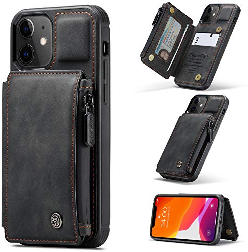 UFinetech Magnetisch 2-in-1 iPhone 12 Hülle Tasche Design Dünn Robust TPU Leder Flip Ständer Kartenfach Wasserdichte Reißverschluss RFID-Schutz Folie Case Cover iPhone 12 6.1 2020 Elegant Männer Damen