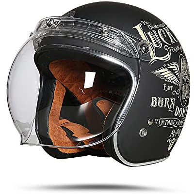 LIONCIANO Motorradhelm Mit Visier DOT/ECE Zertifiziert Jethelm Jet-Helm Roller-Helm Scooter-Helm Moped Mofa-Helm Chopper Retro Vespa Vintage Sturzhelm(Mattschwarzes Glücksschwungrad, XL58-59cm)