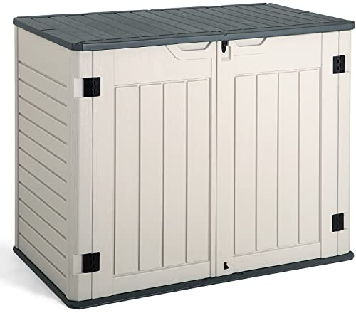JUMMICO Horizontal Outdoor Resin Storage Shed 34 Cu. Ft. Garden Storage Extra Large Capacity Weather Resistant Storage Box for Bike, Garbage Cans, Lawnmowe, Garden Accessories
