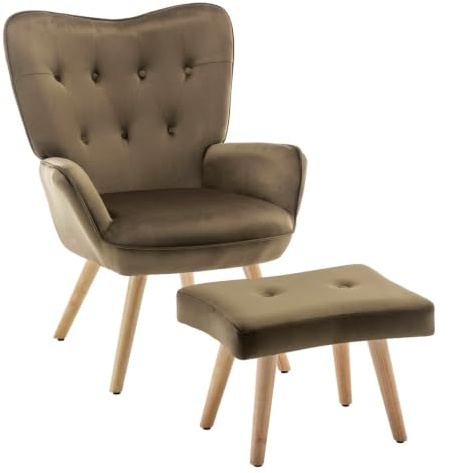 HollyHOME Ohrensessel mit Hocker Sessel mit Hocker Sessel Wohnzimmer & Schlafzimmer Samt Relaxsessel Lesesessel Lounge Sessels Armlehnensessel, Braun