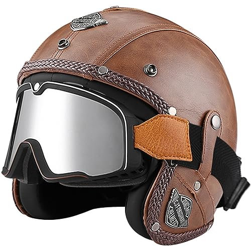 WYXAXNM Motorradhelm Jethelm Rollerhelm ECE/DOT Zertifiziert Open Face Helm Vespa-Helm Harley-Helm Retro-Stil Leder Brain-Cap Helm Motorrad Cruiser Roller Helm für Männer und Frauen