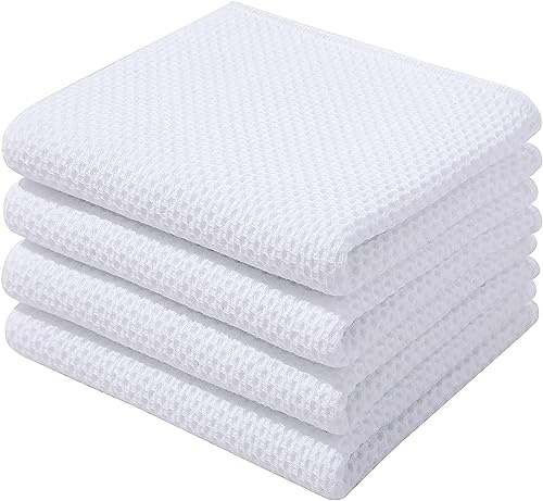 Moosfor 100% Cotton Tea Towels 4 Pk 32 x 71 cm Dish Cloths White | Highly Absorbent Soft, Quick Drying, Lint-Free, Grease Removing, Gentle on Cookware, Great for Dishes, Sink & Dining Table