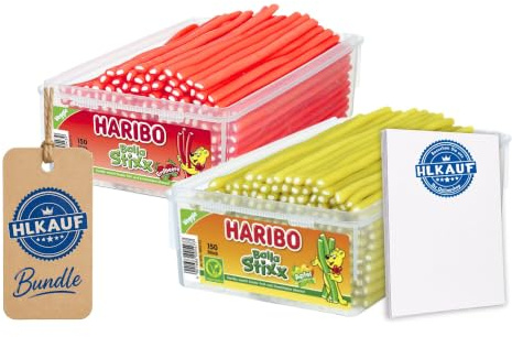 HLKauf Bundle Balla Stixx Süßigkeiten Diverse Sets Mischpaket Grosspackung Büro Box & Notizblock (Balla Apfel/Erdbeere & 1 HLKauf-Block)
