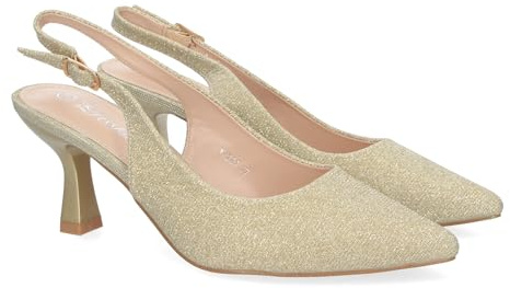 shoes&blues.es 81497-Zapato de Salon para Mujer, Diseno Elegante con Tacon, Abierto por el Talon, Puntera Fina y Cierre de Hebilla Ajustable.. Talla 39 Oro