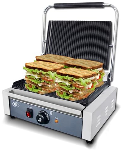 Hakka Commercial Panini Press Grill, Electric Contact Sandwich Toaster Maker with Non-Stick Ribbed Plate 50-300℃ Temp Control Catering Machine for Making Toast, Steak, Hamburgers