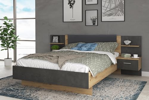 Forte Ginger Bett 230 240, modernes Bett mit 2 Nachtkommoden, 2 Schubladen, Holzwerkstoff, Artisan Eiche Holzdekor/Betonoptik Dunkelgrau, 235,5 cm breit x 93,5 cm hoch x 195,7 cm tief