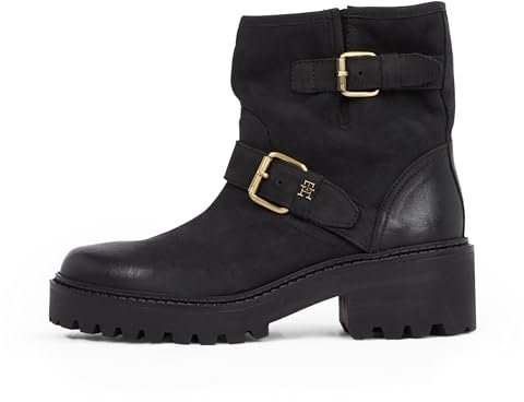Tommy Hilfiger Damen Mid Boot Stiefel Biker Double Buckle aus Leder, Schwarz (Black), 39