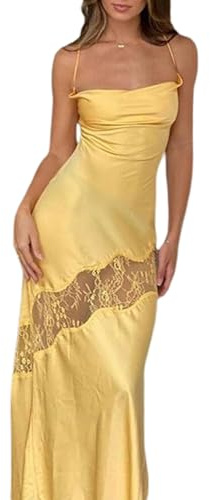 Felcia Damen Flecken-Schlauchkleid Spaghettiträger Ärmellos Spitzenkleid Durchsichtig Geschlitzt Hochzeitsgast Maxikleid, A-gelb, S