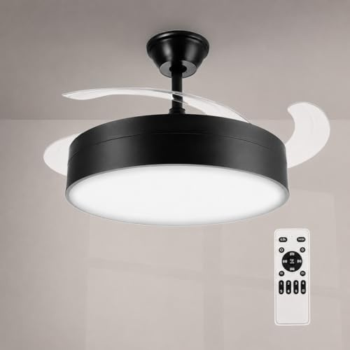 M Mimotec- Ventilador de Techo LED Messe Black 72W con Luz CCT Regulable e Intensidad, Motor DC Ultrasilencioso, 6 Velocidades, 4 Aspas Retráctiles, Temporizador, Mando a Distancia