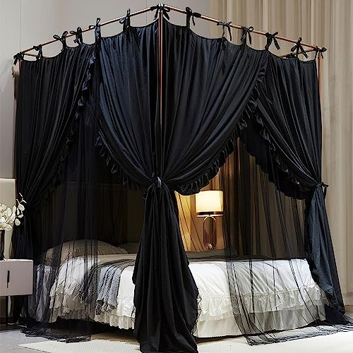 HUOQOU 4-Pfosten Prinzessinnen Betthimmel – Doppelschichtiges, Gemütliches Moskitonetz aus Mesh & Stoff für Mädchenzimmer Dekoration (Schwarz, 1.2W*2L*2.1H(m))