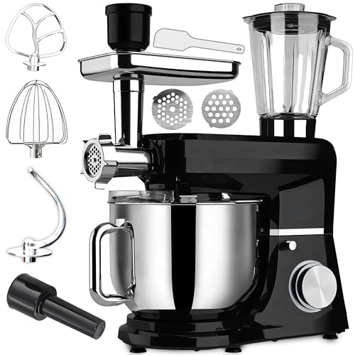 Retoo Küchenmaschine 3 in 1 mit Edelstahl-Schüssel 6L, 1500 W, 6 Stufen, Planetenrührwerk, Fleischwolf, Schneebesen Rühr- & Knethaken, Spritzschutz, Multifunktionale Rührmaschine, Knetmaschine