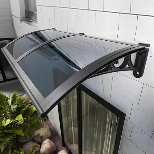 Modern Grey Polycarbonate Window Awning Canopy for Front Door Patio Porch Sun Shelter Outdoor Rain Shelter Cover UV Rain Snow Protection Garden Awning (80x350cm/31 x138)