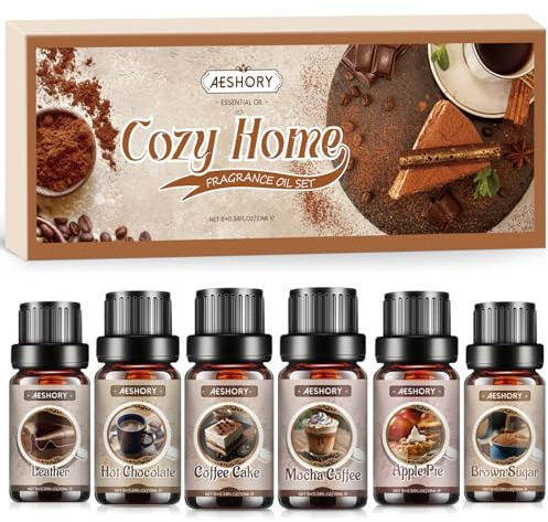 AESHORY Cozy Home Ätherische Öle Set 6 x 10ML, Aromatherapie Duftöl Geschenkset für Diffuser, Kerzenherstellung - Brauner Zucker/Apfelkuchen/Kaffeekuchen/Mokka-Kaffee/Heiße Schokolade/Leder