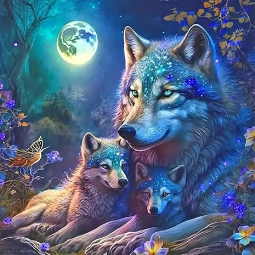 Wolf Diamond Painting,5D Diamond Painting Kits für Erwachsene und Anfänger, Vollbohrung Wolf Familie Nachtmond Diamantmalerei Set, DIY Kristall Rund Diamant Art für Wanddekoration,Home Decor (30x30cm)