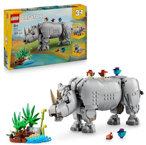 LEGO Creator 3in1 Wild Animals: Majestic Rhino with Birds Toy - Animal Figure Transforms into a Hippo Model or a Walrus - Creative Gift for 9+ Year Old Girls & Boys - 31171