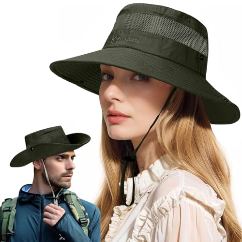 Sonnenhut für Männer Frauen Sommer breite Krempe Mesh Safari Hut UV-Schutz Eimer Hüte Wasserdicht & Atmungsaktiv Angeln Boonie Hüte für Wandern (DE/NL/SE/PL, Alphanumerisch, Einheitsgröße, Armeegrün)