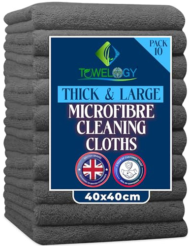 Towelogy® Heavy Duty Microfibre Cleaning Cloths for Home All Purpose - Larger, Thicker, More Absorbent Cleaning Cloth - 100% Lint Free Micro Fibre Cloths for Kitchen, Bathroom and Car (Charcoal Grey)