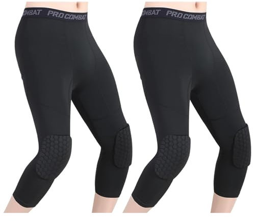 AIMENJOY Men's Leggings Compression Sports Trousers Basketball Pants with Knee Pads 3/4 Capri Tights Elastic Gym Tights Quick Dry Running Yoga Training (Black,S)